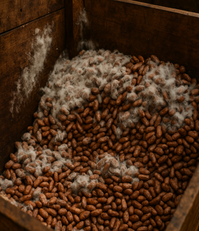Cacao beans fermenting in a traditional wooden box