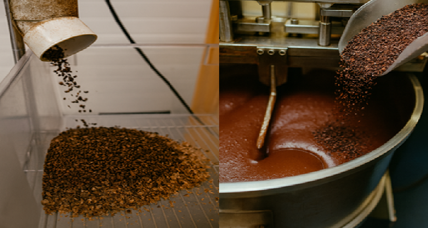 Cocoa liquor being ground and conched in a melanger
