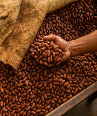 Hands sorting freshly harvested cacao beans